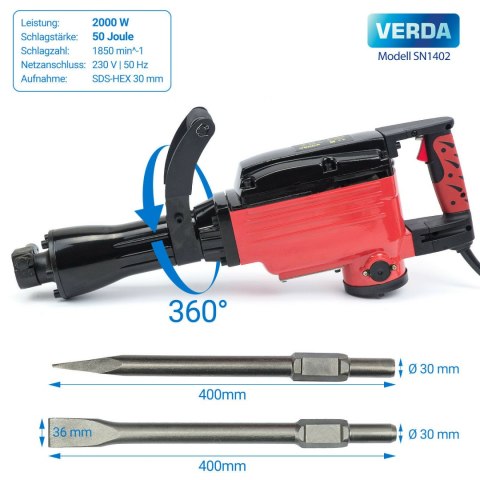 Abbruchhammer 2000 Watt Zubehör +KOFFER Meisselhammer Stemmhammer Set SN1402