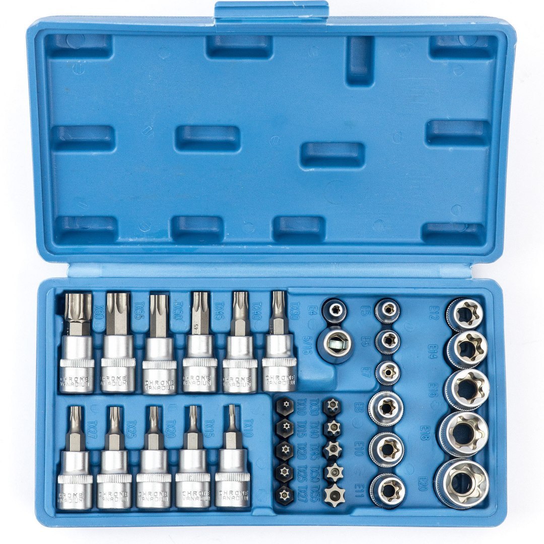 Uten Torx-Bit-Steckschlüssel-Set 34-teilig – T10-T60, E4-E20, 3/8 & 1/4 Zoll Antrieb, Mit Aufbewahrungskoffer