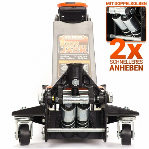 Verda Tiefer Wagenheber 3t Rangierwagenheber 73 - 515 mm mit Doppelkolben, Satz mit 3t Unterstellböcken SN8015/1