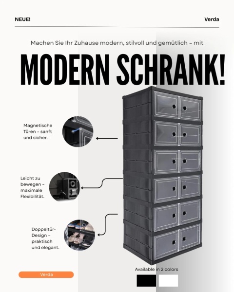 Verda Schuhschrank Schwarz Kunststoff – Stapelbares Schuhregal mit Klappen-6 Reihen SN7062
