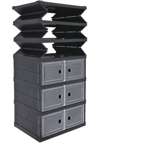 Verda Schuhschrank Schwarz Kunststoff – Stapelbares Schuhregal mit Klappen-6 Reihen SN7062