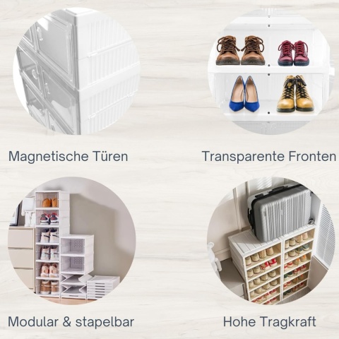 Verda Schuhschrank Weiß Kunststoff – Stapelbares Schuhregal mit Klappen-9 Reihen SN7093