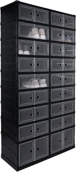 Verda Schuhschrank Schwarz Kunststoff – Stapelbares Schuhregal mit Klappen-9 Reihen SN7094