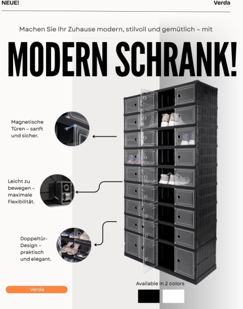 Verda Schuhschrank Schwarz Kunststoff – Stapelbares Schuhregal mit Klappen-9 Reihen SN7094