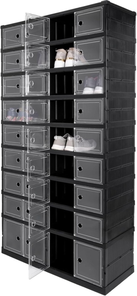 Verda Schuhschrank Schwarz Kunststoff – Stapelbares Schuhregal mit Klappen-9 Reihen SN7094