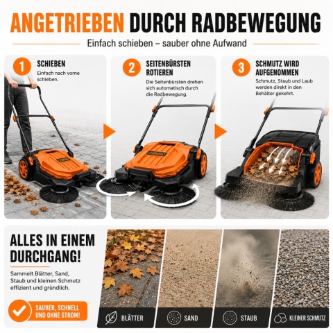 Verda Manuelle Kehrmaschine 65 cm – Handkehrmaschine 20 l, 2.400 m²/h SN1301Z