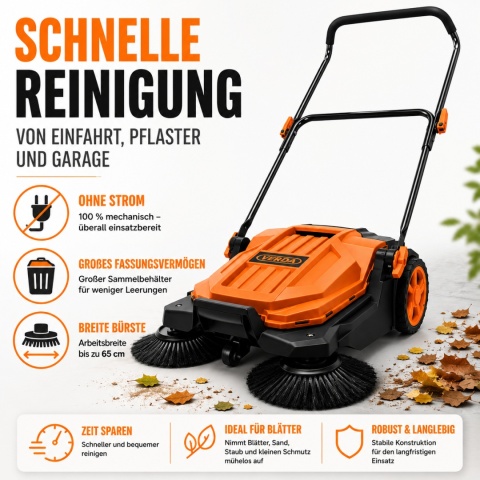 Verda Manuelle Kehrmaschine 65 cm – Handkehrmaschine 20 l, 2.400 m²/h SN1301Z