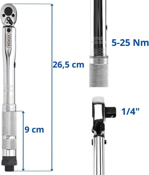 Verda Drehmomentschlüssel 1.4" 5-25 Nm mit Umschaltknarre Teleskopratsche im Koffer SN1736