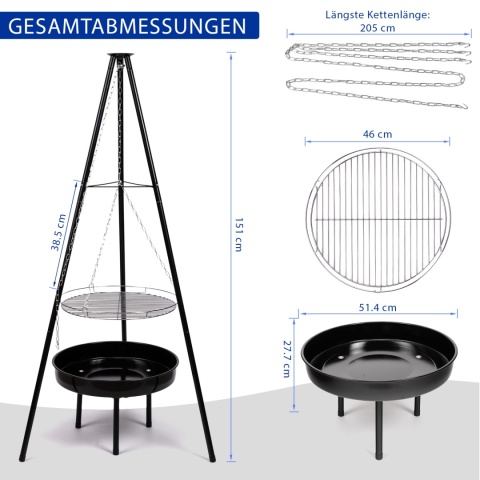 Verda Schwenkgrill 151 cm – Holzkohlegrill mit Dreibein & Feuerstelle
