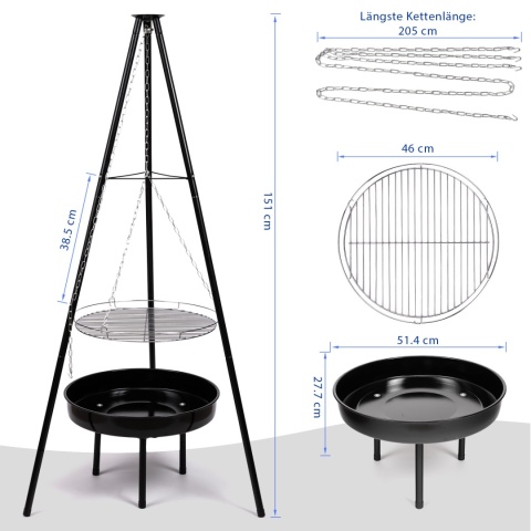 Verda Schwenkgrill 151 cm – Holzkohlegrill mit Dreibein & Feuerstelle