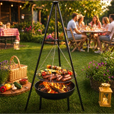 Verda Schwenkgrill 151 cm – Holzkohlegrill mit Dreibein & Feuerstelle