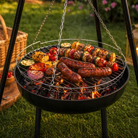 Verda Schwenkgrill 151 cm – Holzkohlegrill mit Dreibein & Feuerstelle