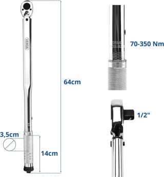 Verda Drehmomentschlüssel 1/2" 70-350Nm mit Koffer für PKW, Fahrrad, Motorrad Silber SN1739