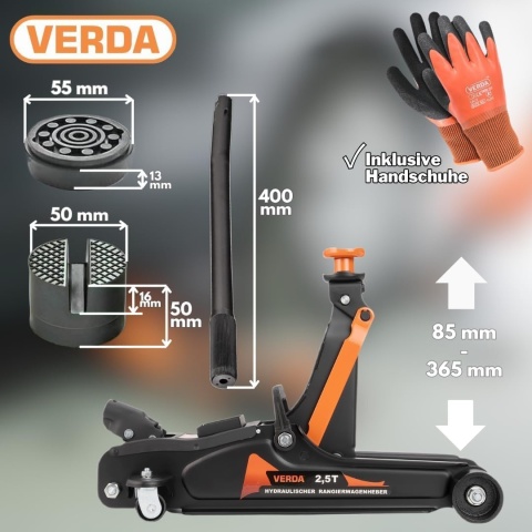Verda Wagenheber 2,5t Rangierwagenheber 85 - 365 mm mit Tragekoffer SN10668