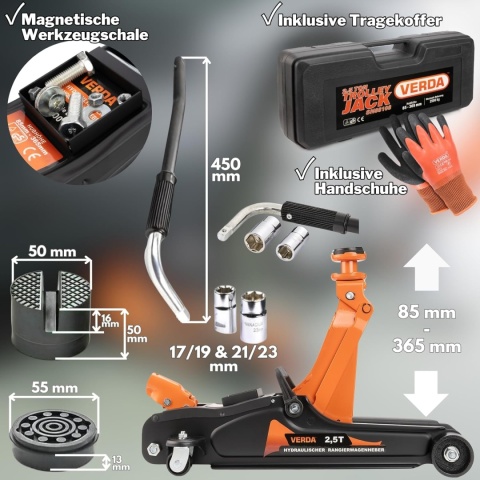 Verda Wagenheber 2,5t Rangierwagenheber 85 - 365 mm mit Tragekoffer SN88108