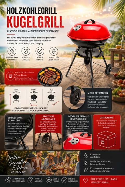 Verda Kugelgrill 72 cm mit Deckel – Holzkohle Grillwagen für Garten SN2040G