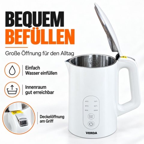 Verda Wasserkocher Mit Temperaturregler 1,7L 2200W mit Kalkfilter SN0617L-15
