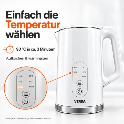Verda Wasserkocher Mit Temperaturregler 1,7L 2200W mit Kalkfilter SN0617L-15