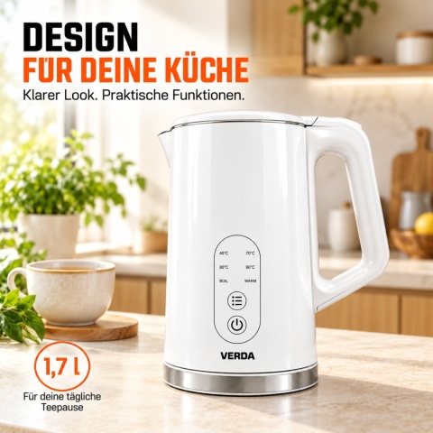 Verda Wasserkocher Mit Temperaturregler 1,7L 2200W mit Kalkfilter SN0617L-15