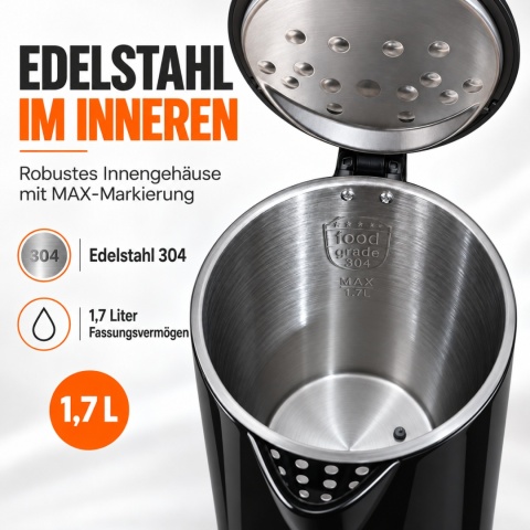 Verda Wasserkocher Mit Temperaturregler 1,7L 2200W mit Kalkfilter SN0617L-16