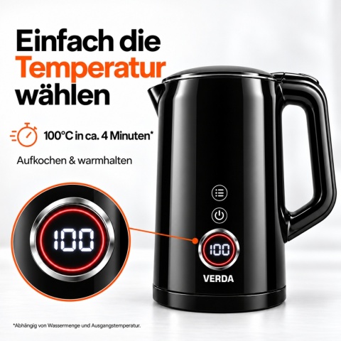 Verda Wasserkocher Mit Temperaturregler 1,7L 2200W mit Kalkfilter SN0617L-16