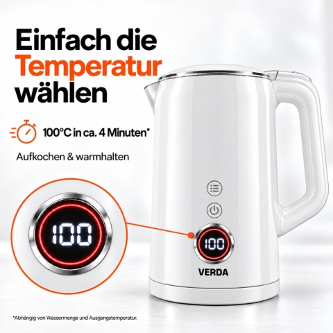 Verda Wasserkocher Mit Temperaturregler 1,7L 2200W mit Kalkfilter 100% BPA FREI SN0617L-17