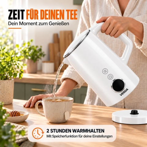 Verda Wasserkocher Mit Temperaturregler 1,7L 2200W mit Kalkfilter 100% BPA FREI SN0617L-17