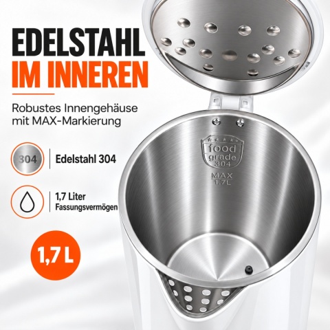 Verda Wasserkocher Mit Temperaturregler 1,7L 2200W mit Kalkfilter 100% BPA FREI SN0617L-17